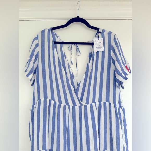 NWT. Size Large Short Sleeved Light Weight Blue and White Striped Summer Dress - Picture 5 of 6